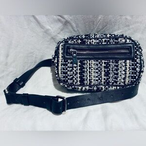 Zara Black & White Tweed Belt Bag, Silver-toned Hardware incl Front and Top Zip